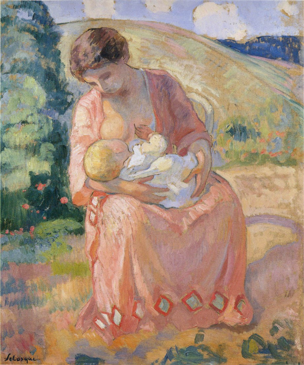 Gem├Ąlde mit dem Titel "Mutter und Kind" von Paul C├ęzanne zeigt eine Frau auf einer Bank sitzend, die ein Baby in den Armen h├Ąlt, umgeben von Grün unter einem hellblauen Himmel.