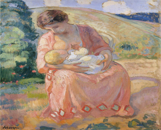 Gem├Ąlde mit dem Titel "Mutter und Kind" von Paul C├ęzanne zeigt eine Frau auf einer Bank sitzend, die ein Baby in den Armen h├Ąlt, umgeben von Grün unter einem hellblauen Himmel.