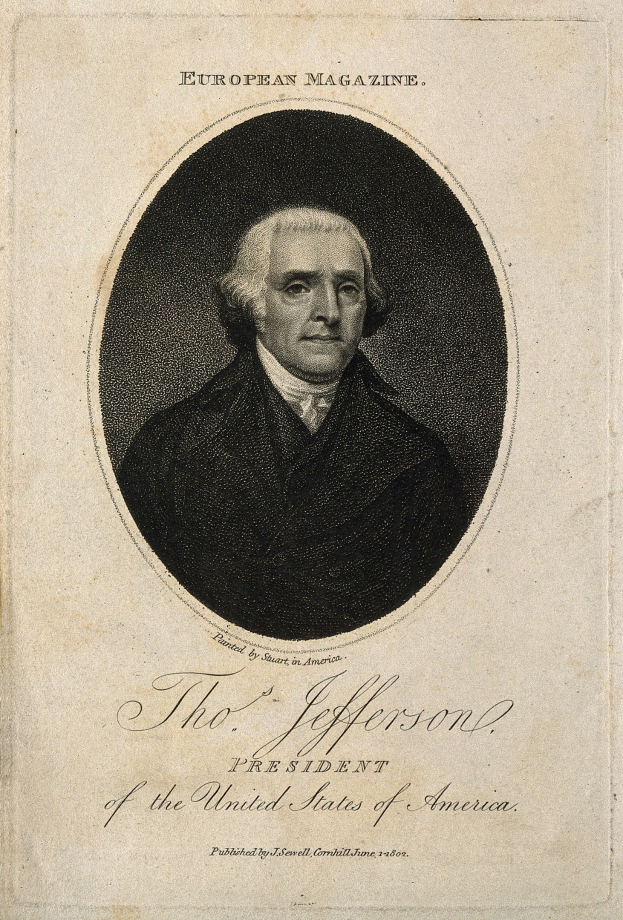 Portrait von Thomas Jefferson, Präsident der Vereinigten Staaten, auf dem Cover des European Magazine, in Schwarzanzug und weißem Hemd mit ernstem Gesichtsausdruck, Haar nach hinten gekämmt, direkt in die Kamera schauend.