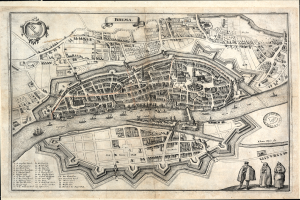 Ein altes Stadtplan von Bremen, Deutschland, mit schwarzem Rand, der detaillierte Straßen, Gebäude und andere Merkmale sowie beschreibenden Text zeigt.