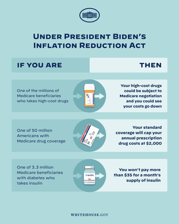 Plakat mit der Aufschrift "Unter dem Inflationsreduktionsgesetz des Präsidenten Biden", unterteilt in Text- und visuelle Abschnitte mit fetter schwarzer Schrift auf einem weißen Hintergrund, mit blauer und grüner Bildsprache.