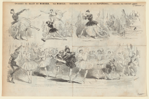 Eine Seite aus einem Buch mit einer lebendigen Zeichnung einer Gruppe von Menschen, die im Einklang tanzen, begleitet von Text, der die Einzelheiten des Ereignisses beschreibt.