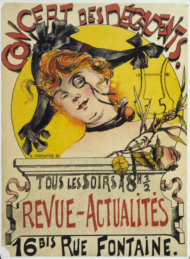 Plakat für ein Decadents-Konzert mit einer Illustration einer Frau mit menschlichem Gesicht und Text mit Veranstaltungdetails.