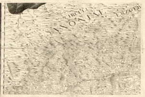 Ein altes Saxony-Karte von Deutschland, das geografische Merkmale wie Flüsse, Berge und Städte zeigt, mit begleitendem Text.