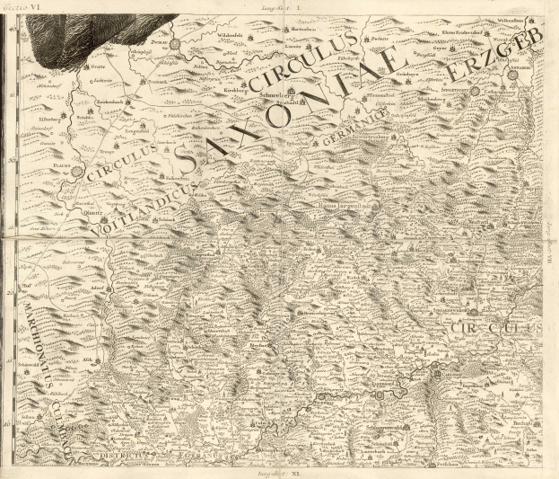 Ein altes Saxony-Karte von Deutschland, das geografische Merkmale wie Flüsse, Berge und Städte zeigt, mit begleitendem Text.