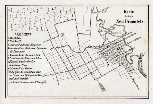 Alte detaillierte Karte von Neu-Braunfels, Deutschland, zeigt Straßen, Gebäude und Sehenswürdigkeiten mit Textanmerkungen.