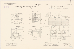 Schwarz-weißer architektonischer Grundriss des ehemaligen Bundeskanzleramts in der Bundesrepublik Deutschland, der detaillierte Layouts und Anmerkungen zeigt.