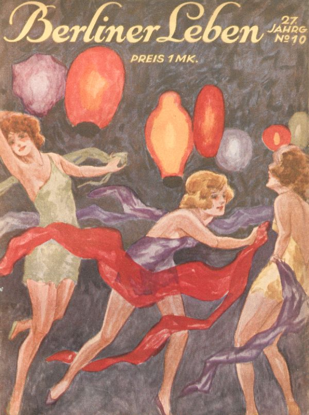 Ein Magazin-Cover mit einem Bild von drei Frauen in bunten Kleidern, die mit ausgestreckten Armen tanzen und von farbigen Ballons umgeben sind, mit dem Text 'Berliner Leben' wahrscheinlich den Titel des Magazins anzeigend.