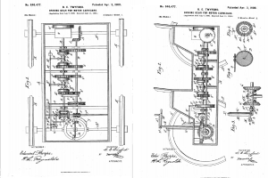Ein detailliertes Bild einer Maschine mit zahlreichen Zahnrädern, das als erstes Patent für ein Auto gilt, auf weißem Papier mit begleitendem Text.