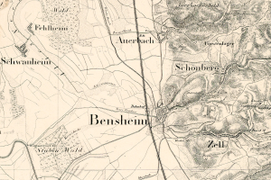 Ein detaillierter alter Stadtplan von Bensheim, Deutschland, der Straßen, Gebäude und Sehenswürdigkeiten mit Textanmerkungen zeigt.