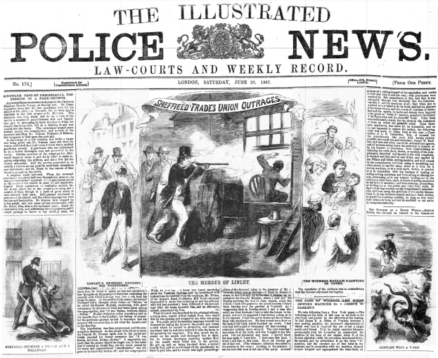 Titelseite der Illustrated Police News von 1867 mit einer Schwarz-Weiß-Illustration einer Gruppe von Menschen in der Mitte, Text 'Police News' und ein Logo oben.