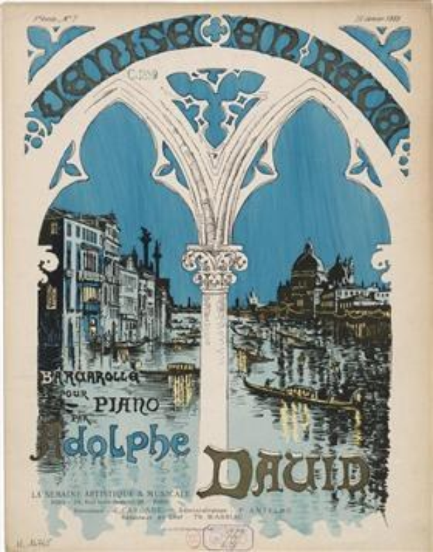 Plakatankündigung für ein Klavierkonzert in Venedig, Italien, mit einem Gemälde von Gebäuden, Wasser und einer Säule sowie Text.