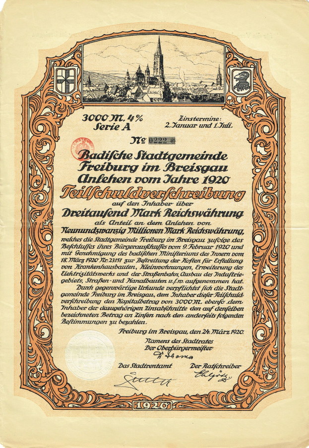 Alter deutscher Aktienchein mit einer Stadtillustration und bedrucktem Text, der wahrscheinlich den Ursprung der Aktie beschreibt.