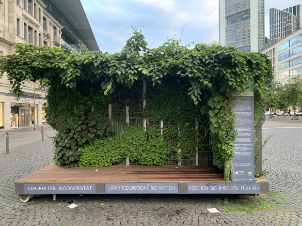 Grünes Gebäude mit Efeu bewachsenen Wänden, umgeben von Bäumen, Fahrzeugen, Versorgungsmasten und anderen Gebäuden unter einem bewölkten Himmel, Teil der Staufbilter Biodiversität in Berlin, Deutschland.