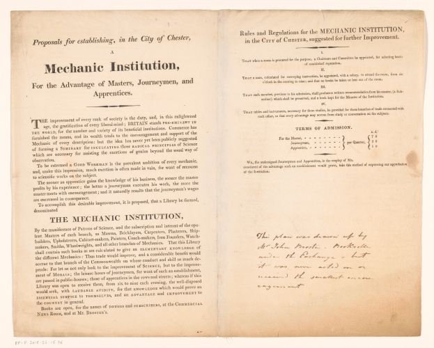 Ein aufgeschlagenes Buch mit dem Titel "Mechanic Institution, for the Advantage of Masters, Journeymen, and Apprenticeships" auf der Seite.