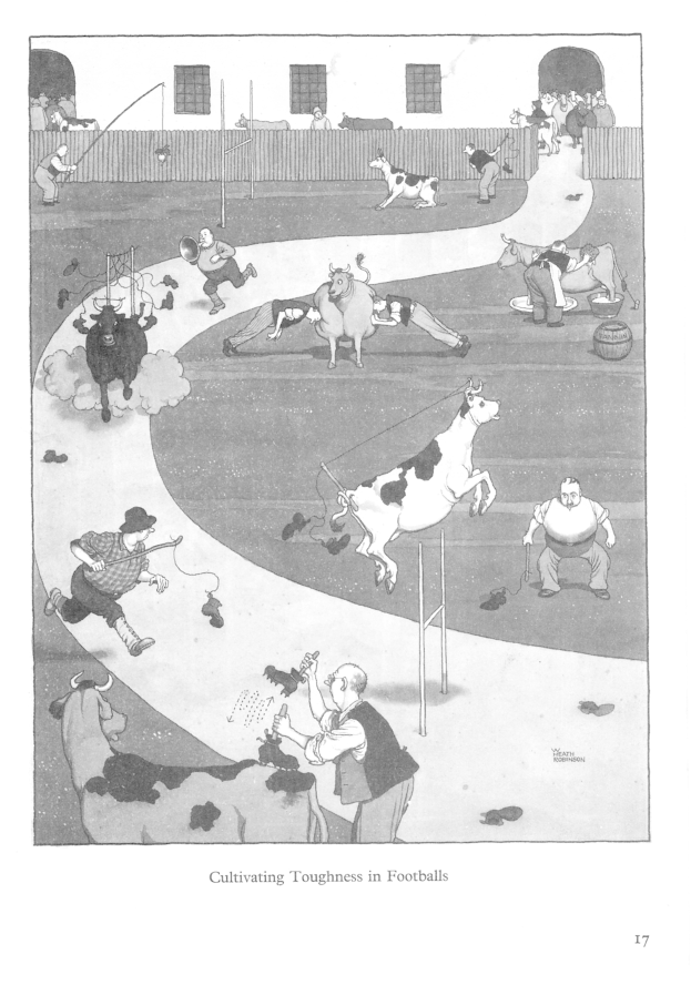 Schwarzer und weißer Stiftzeichnung von Menschen und Tieren in einem Feld mit einer Wand und Fenstern im Hintergrund, mit der Inschrift "Zähigkeit im Fußball kultivieren" unten.