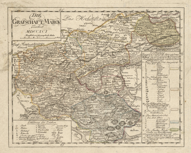 Alte detaillierte Karte von München, Deutschland, mit Straßen, Parks und Sehenswürdigkeiten, in Blau, Grün und Gelb gehalten und mit einem dekorativen Rahmen.