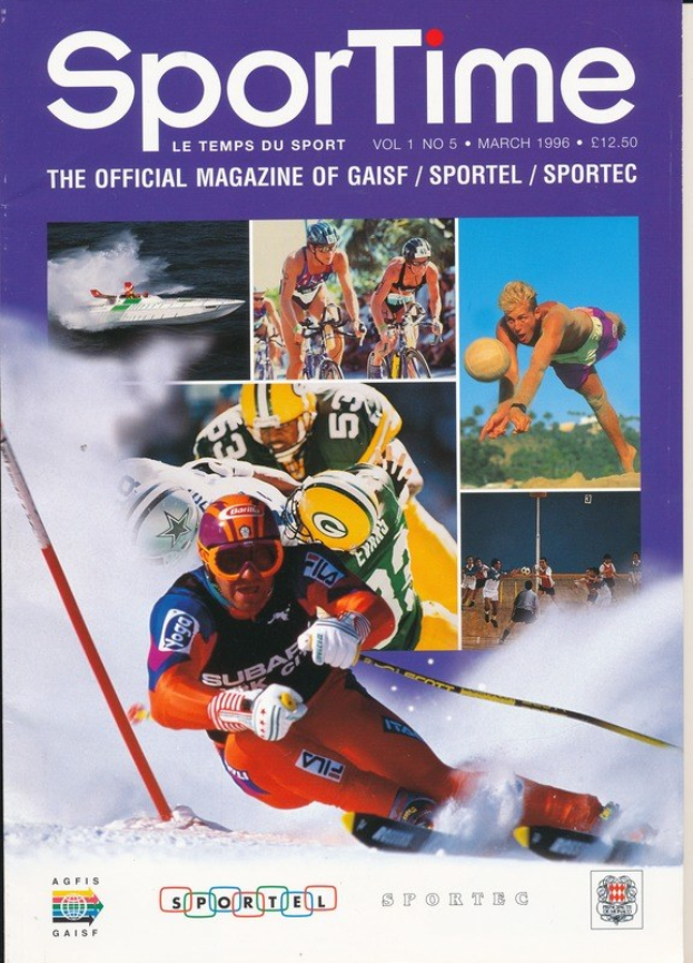 Titelbild von *Sporttime Magazine* (März 1996) mit Bildern und Logos zum Skifahren und Snowboarden