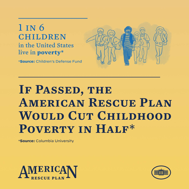 Plakat zur Unterstützung des American Rescue Plan, das den Text enthält, dass es die Kindheitspoverty in den USA halbieren würde, und ein Bild einer vielfältigen Gruppe von Menschen.