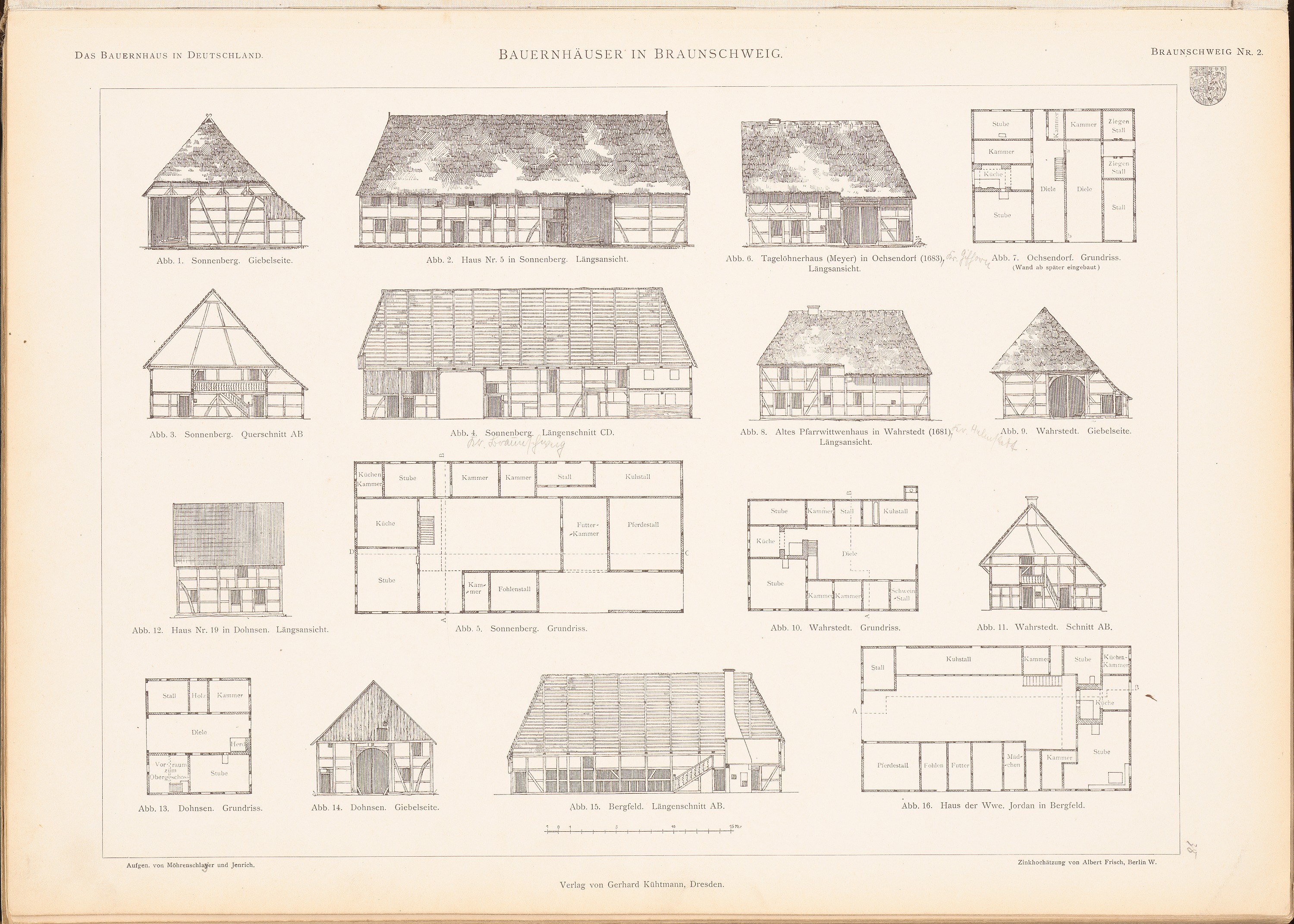 Ein offenes altes Buch mit detaillierten Architekturplänen und Zeichnungen verschiedener Hausentwürfe auf einer Seite, begleitet von erklärendem Text.