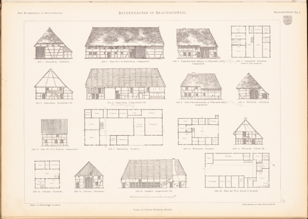 Ein offenes altes Buch mit detaillierten Architekturplänen und Zeichnungen verschiedener Hausentwürfe auf einer Seite, begleitet von erklärendem Text.