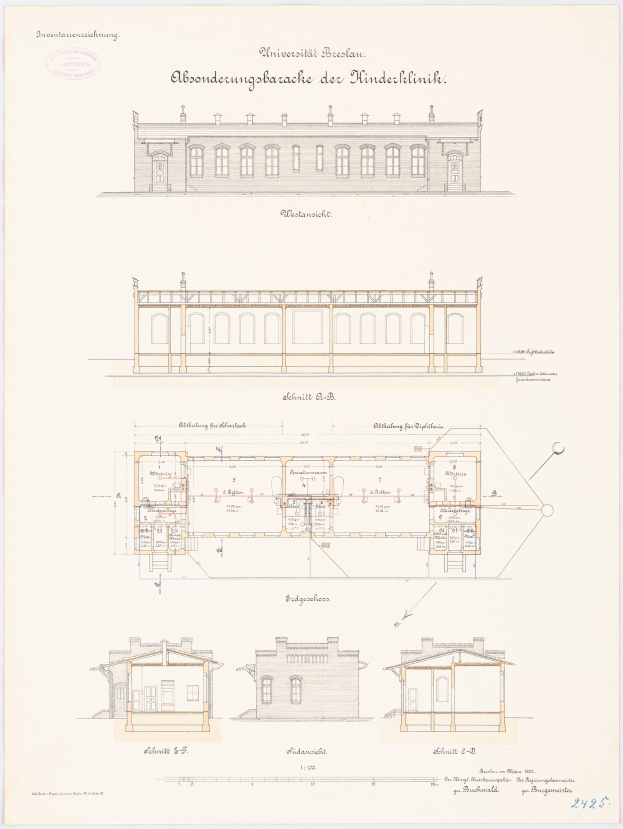 Architektonische Zeichnung eines mehrfenstrigen Gebäudes mit Grundriss, wahrscheinlich darstellend die Universität Berlin.