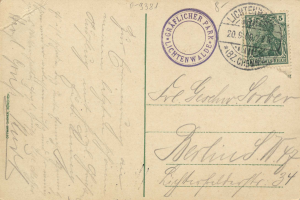 Eine alte Postkarte mit einer Briefmarke, die "Lichtenwald, Deutschland - Brief nach Deutschland" lautet und handgeschriebener Text, mit zwei zusätzlichen Briefmarken in der rechten oberen Ecke.