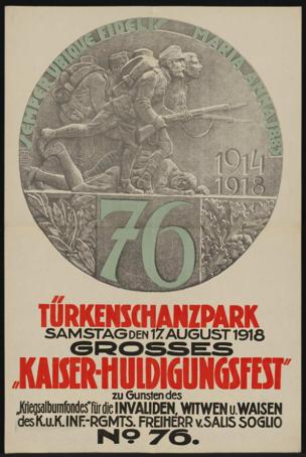 Ein gerahmtes Plakat zum 70. Jahrestag des Kaiser-Huldigungsfests in Berlin, Deutschland, mit einer Gruppe von Menschen in der Mitte, umgeben von Text und Zahlen.