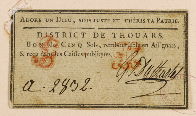 Ein Blatt Papier mit einem "District de Thouars" Stempel und handgeschriebener Text.