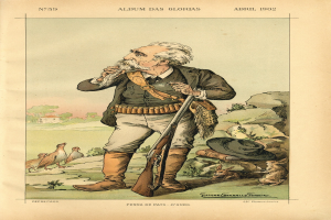 Ein alter Mann hält eine Waffe in einer Hand und einen Hut in der anderen, vor einem Hintergrund mit Vögeln, Bäumen und einem Haus, mit Text am unteren Bildrand.