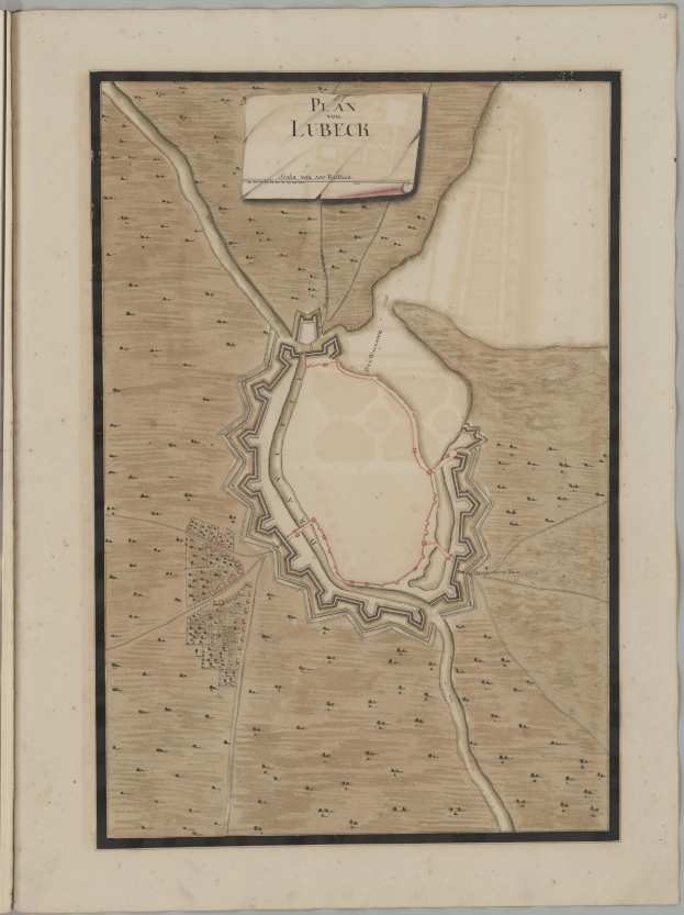 Altes Buch mit einer detaillierten Karte von Lübeck, Deutschland, das Straßen, Gebäude und Sehenswürdigkeiten zeigt und von Texten über die Bevölkerung, Geschichte und Kultur der Stadt begleitet wird.