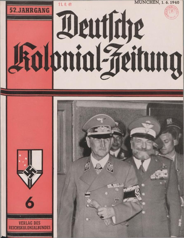 Titelbild einer 1940-Ausgabe der *Deutschen Kolonial-Zeitung* mit Adolf Hitler, gehalten von einer Gruppe von Menschen mit Mützen.