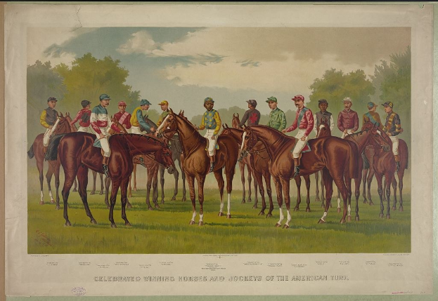 Gruppe von Menschen, die auf einem grünen Feld mit Bäumen und einem blauen Himmel reiten, Text unten lautet "Feiernder Siegerpferde und Jockeys des amerikanischen Turf"