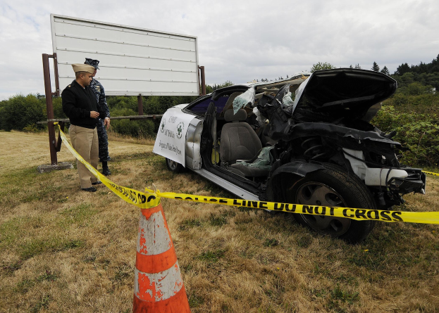 Ein Polizeibeamter in Uniform steht neben einem schwer beschädigten Auto am Straßenrand, mit eingedellter Motorhaube und zersplitterten Fenstern, neben einer Verkehrskegel und einem bandagierten Pfahl, vor einem Hintergrund von Bäumen und einem bewölkten Himmel.