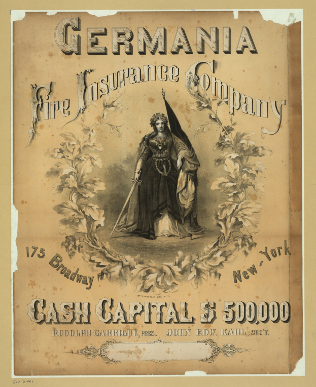Eine alte Werbung für die Germania-Feuer-Versicherungsgesellschaft, die ein zentrales Bild einer Frau und Text über die Dienstleistungen der Gesellschaft zeigt.