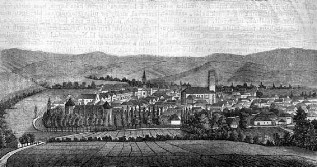 Schwarze und weiße Zeichnung einer kleinen Stadt in einem Tal umgeben von Bäumen und Hügeln, mit dem Text "Bayern, Deutschland, 1857" oben.