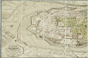 Ein detailliertes altes Stadtplan von Wien, Deutschland, der Straßen, Gebäude, Sehenswürdigkeiten und Text enthält, der Informationen über die Bevölkerung, Sehenswürdigkeiten und Straßen der Stadt bereitstellt.