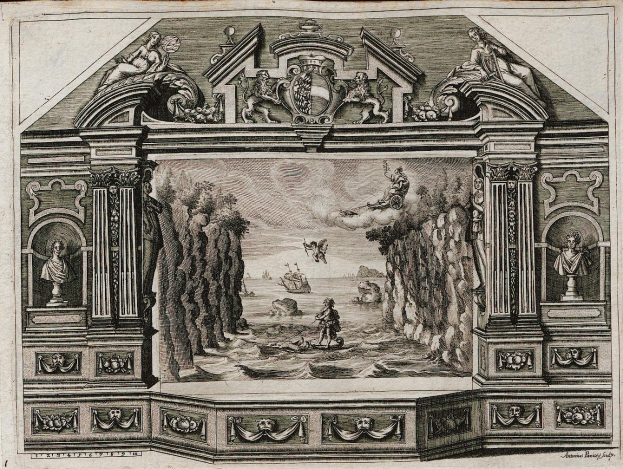 Schwarze und weiße Gravur eines Raums mit einem detaillierten 16. Jahrhundert-Szenenbild an der Wand, einschließlich Skulpturen, Figuren und Text unten.