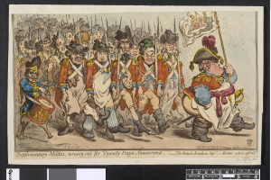 Gruppe von Männern in Militäruniformen marschiert auf einer Straße, einer hält einen Stock in der Hand, mit Text unten: 'Ergänzender Militärdienst, Ausmarsch für zwanzig Tage Vergnügen'.