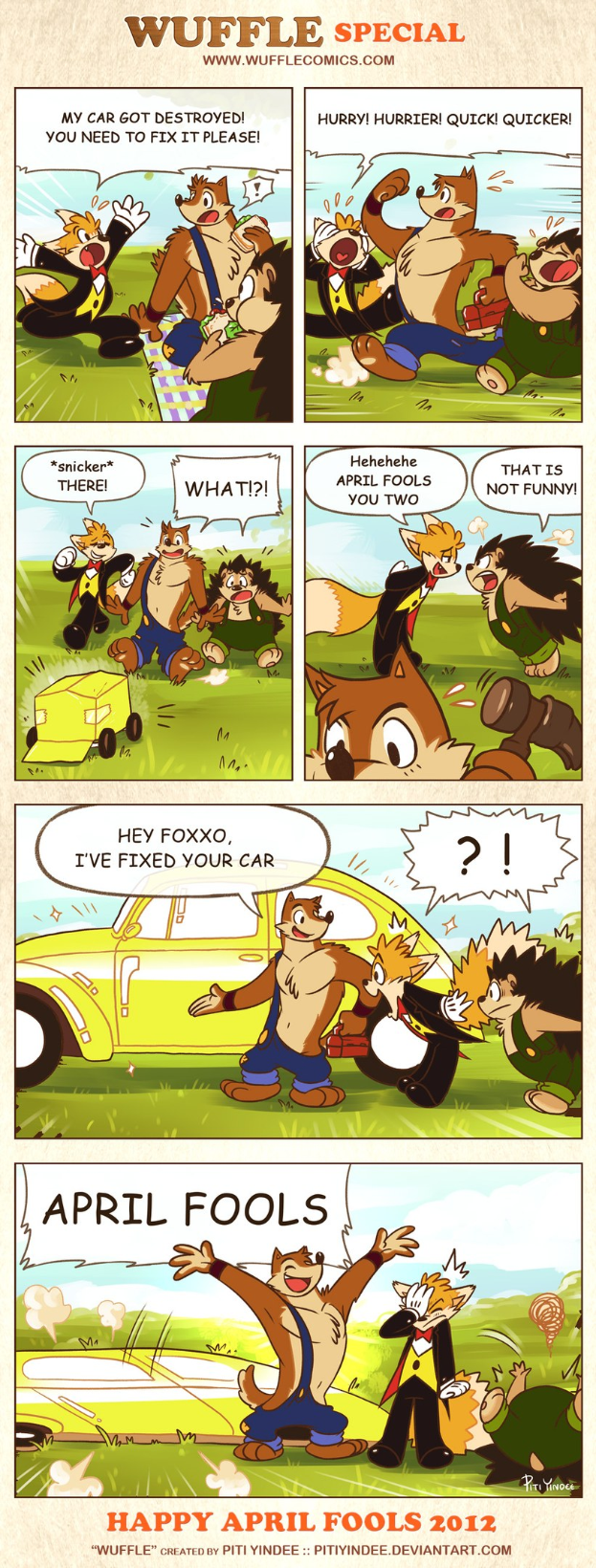 Comic-Strip-Plakat mit der Überschrift "April Fools", das einen Cartoon-Mann und -Frau in einem hellblauen Himmel mit weißen Wolken zeigt.