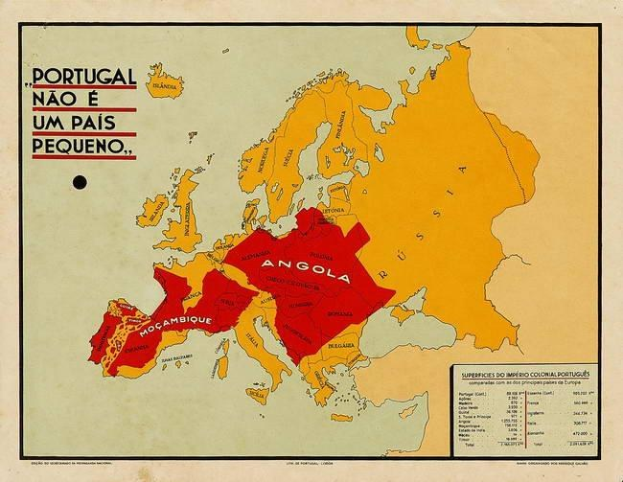 Ein Plakat mit einer Europakarte, auf der die Provinzen Angolas in rot hervorgehoben sind und der Text 'Portugal, Angola und Portugal'.