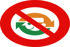 Ein rotes und weißes Schild mit fetter schwarzer Schrift, die 'No Recycle' lautet, und ein nach rechts zeigender Pfeil.