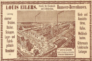 Eine alte Werbung für die Louis Eilers Hannover-Herrenhausen-Fabrik, die ein Bild der Fabrik mit darauf geschriebenem Text zeigt.