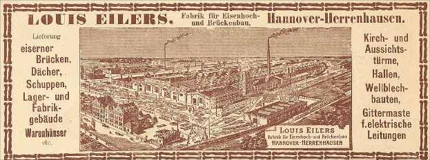 Eine alte Werbung für die Louis Eilers Hannover-Herrenhausen-Fabrik, die ein Bild der Fabrik mit darauf geschriebenem Text zeigt.