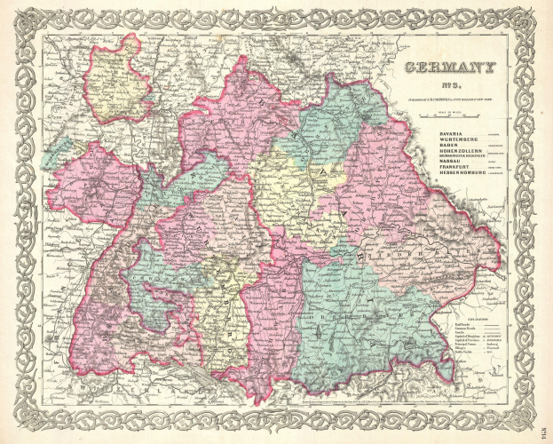Alte Deutschlandkarte auf Papier, zeigt die Provinzen Bayern, Baden-Württemberg und Baden mit Text zur Regionsbeschreibung.