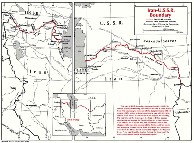 Detailierte Wandkarte der iranisch-sowjetischen Grenze mit geographischen Merkmalen und Landesgrenzen sowie begleitendem Text.