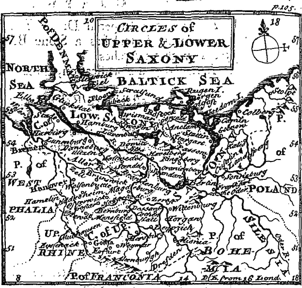Schwarze und weiße Karte von Ober- und Niedersachsen, die geographische Merkmale wie Flüsse, Gebirge und Städte zeigt, mit zusätzlichen Textannotationen.
