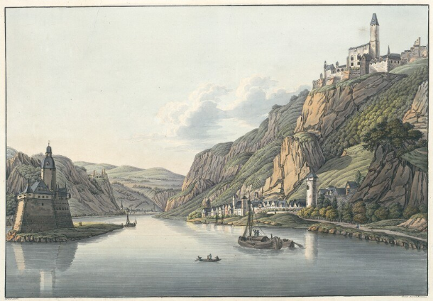 Malen eines Flusses mit Booten, umgeben von Hügeln, Bäumen, Gebäuden und einem bewölkten Himmel, mit dem Text "Schloss Karlsruhe in Deutschland" unten.