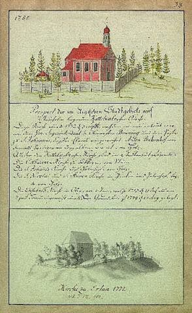 Ein altes Buch mit einer roten Hausillustration in der Mitte, umgeben von Bäumen und einem Zaun, betitelt mit "Deutsche Schule in den Niederlanden, 1777".