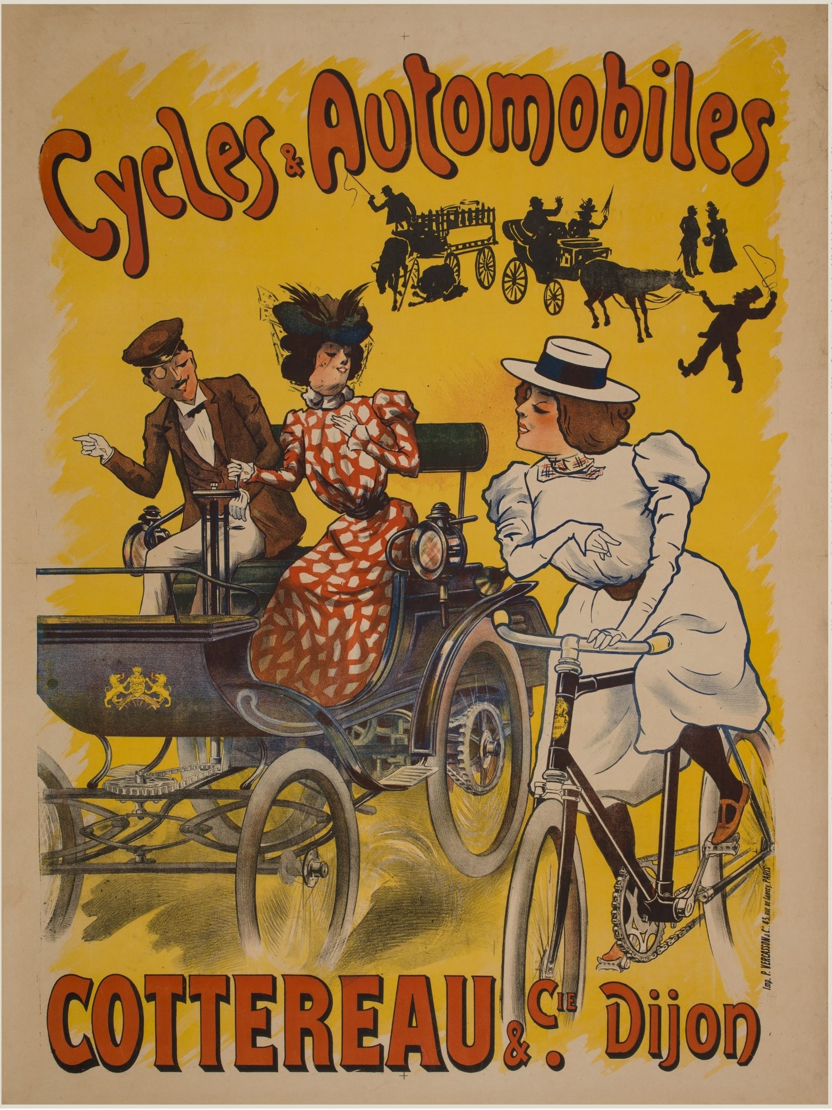 Plakat Ankündigung von Fahrrädern und Automobilen in Cottereau und Dijon, Frankreich, zeigt Menschen auf Fahrrädern und eine Kutsche mit "Fahrräder und Automobile" oben.